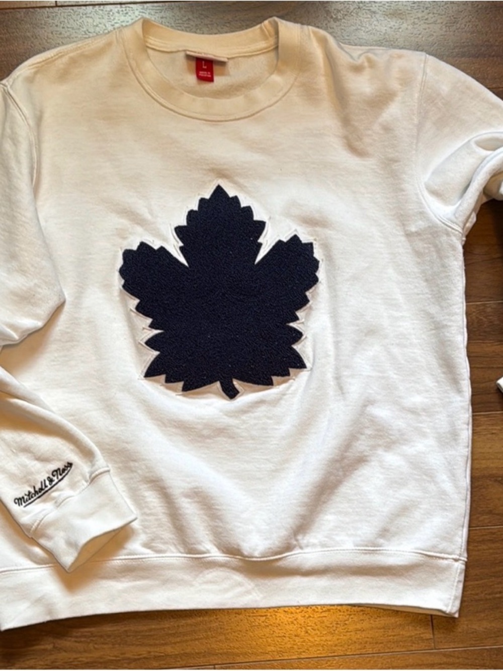 Mitchell & Ness White Crewneck with Navy Chenille Leaf Applique